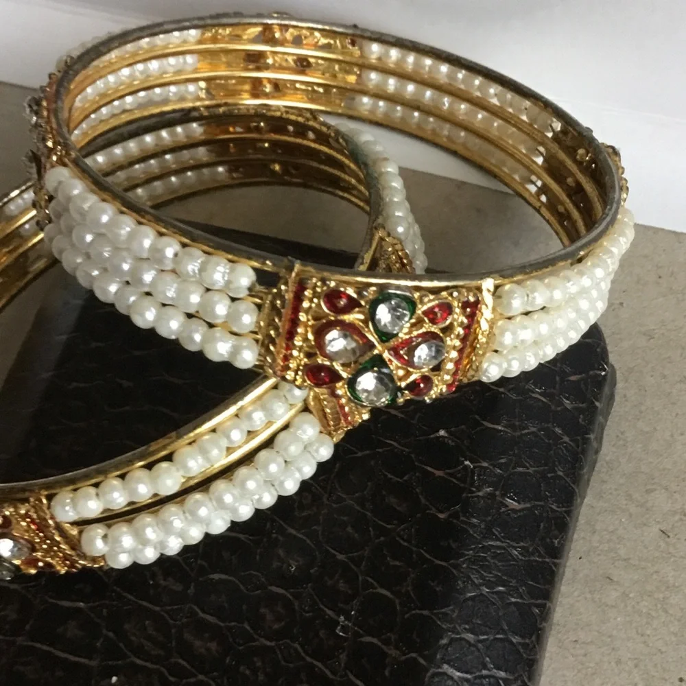 Gold Pearl and Crystal Women's Bangle Set
